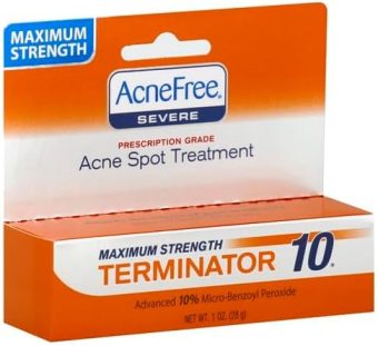 acnefree terminator 10 acne spot treatment with benzoyl peroxide 10% maximum strength acne cream treatment, 1 ounce 0