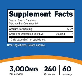 nutricost grass fed desiccated beef liver capsules 240 capsules, 3000mg (750mg per cap) no hormones, non gmo, gluten free, pasture raised, free range beef