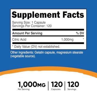 nutricost citric acid 1000mg (1 gram), 120 capsules gluten free, non gmo health & household