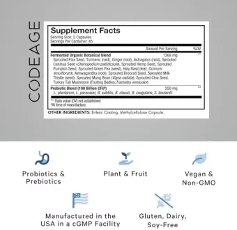 codeage sbo probiotics, 100 billion cfus per serving, multi strain soil based organisms blend and organic fermented botanical blend, shelf stable, 90 capsules