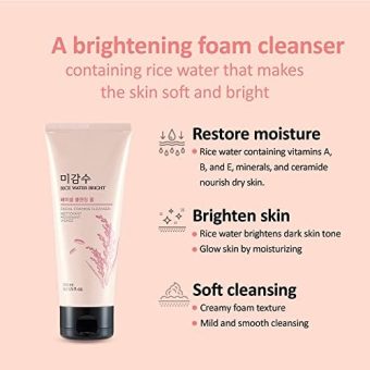 the face shop rice water bright cleansing foam – brightening facial cleanser with moringa oil, 5 oz