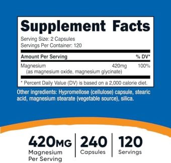 nutricost magnesium glycinate 420mg, 240 capsules 120 servings, non gmo, gluten free, vegetarian friendly