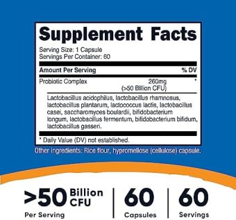 nutricost probiotic complex 50 billion cfu, 60 capsules probiotic for men and women vegetarian capsules, non gmo, gluten