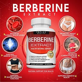 toplux berberine extract 1800 mg berberine hcl complex premium strength berberine to support overall wellness, for men women, 90 capsules supplement