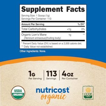 nutricost organic lion's mane mushroom powder 100 grams certified usda organic
