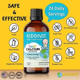 kiddivit baby calcium liquid drops with vitamin d3 & k2 24 daily servings, 4 fl oz (120 ml) inulin fortified (prebiotic, dietary fiber) sugar free, gluten free, vegetarian friendlye