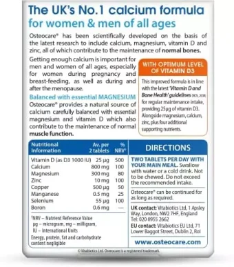 osteocare original by vitabiotics. bone health formula with calcium, magnesium, vitamin d 3 and zinc. from uk's no. 1 calcium supplement brand