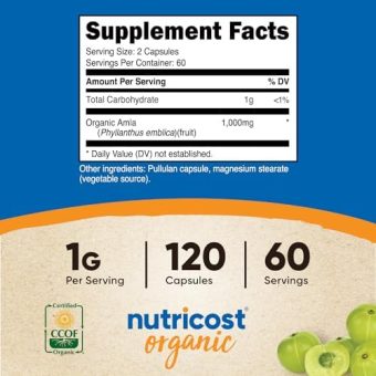 nutricost organic amla capsules 1000mg, 60 servings certified ccof organic, vegan, gluten free, 500mg per capsule, 120 capsules