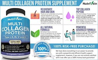 nutrivein type i, ii, iii, v, x anti aging multi collagen pills for woman and men (2250mg) 180 capsules
