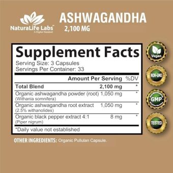 organic ashwagandha 2,100 mg 100 vegan capsules pure organic ashwagandha powder with black pepper extract natural anxiety relief, mood enhancer, immune & thyroid support, anti anxiety