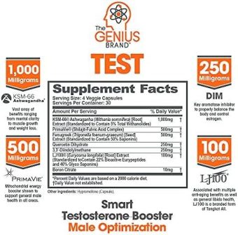 genius test – natural testosterone support for men with ksm 66 ashwagandha & dim – 30 servings