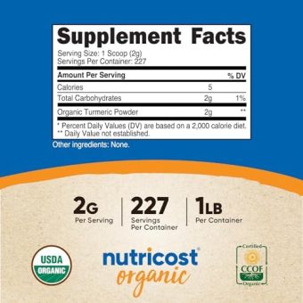 nutricost organic turmeric root powder 1 lb (16oz) certified usda organic, food grade, gluten free, non gmo