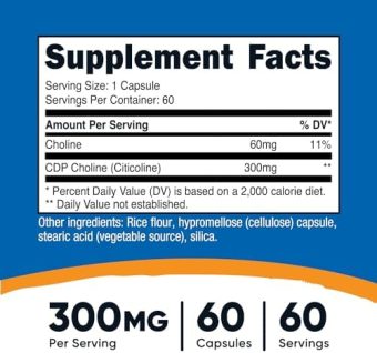 nutricost cdp choline (citicoline) 300mg, 60 veggie capsules non gmo, vegan friendly, gluten