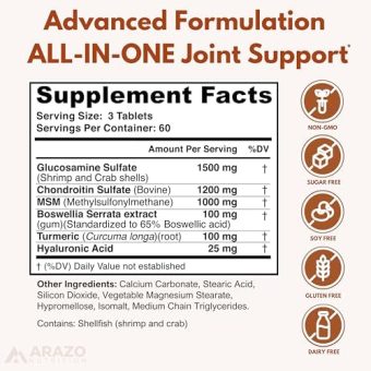 arazo nutrition glucosamine chondroitin turmeric msm boswellia joint support supplement for relief 180 tablets for bones, back, knees, hands (180 tablets) health & household