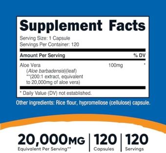 nutricost aloe vera 20,000mg, 120 capsules gluten free, non gmo, vegetarian friendly (100mg of 2001 extract)