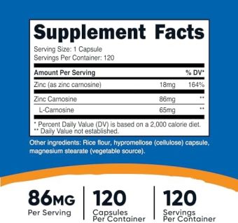 nutricost zinc carnosine 86mg, 120 capsules non gmo, gluten free, zinc l carnosine supplement