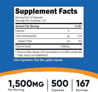 nutricost psyllium husk 500mg, 500 capsules 1500mg per serving, non gmo & gluten free
