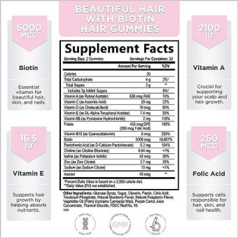 hello lovely! angel bear gummies with biotin 5000 mcg vitamin c & e for faster hair growth, premium pectin based, non gmo red berry supplement