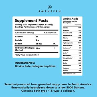 amandean collagen peptides powder xl. grass fed, hydrolyzed, type i & iii. bovine hydrolysate. agglomerated, easy to mix, unflavored, non gmo. protein with 18 amino acids for healthy skin hair nails health & household