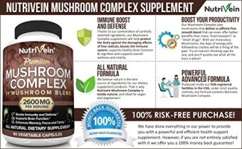 nutrivein 7 blend lions mane mushroom cordyceps, chaga, reishi, turkey tail, maitake, shiitake supplement 2600mg
