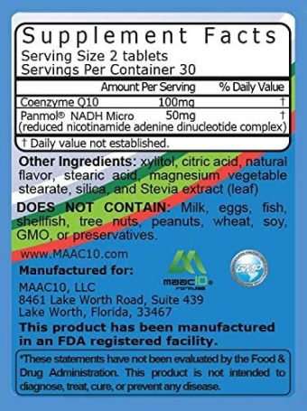 maac10 nadh + coq10 supplement | supports fatigue, energy and nad+ | active vitamin b3 | 50mg panmol® nadh + 100mg coq10 (60 count 2 per serving).