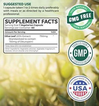 olive leaf extract (non gmo) super strength 20 percent oleuropein 750mg vegetarian immune support, cardiovascular health & antioxidant supplement no oil 60 capsules