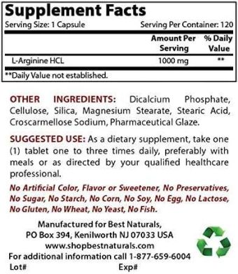 (new improved formula) best naturals l arginine 1000 mg 120 tablets pharmaceutical grade l arginine supplement promotes nitric oxide synthesis