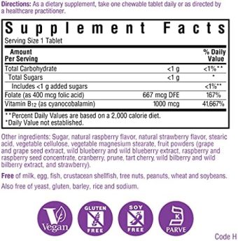 bluebonnet nutrition earth sweet vitamin b12 & folic acid chewable tablets, cream raspberry 180 count (pack of 1) health & household