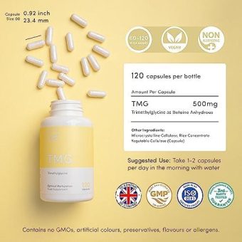 tmg 500mg x 120 capsules third party tested over 99% purity vitality pro trimethylglycine supplement high strength tmg supplement