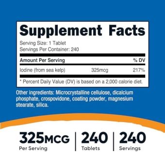 nutricost iodine (natural iodine from sea kelp) 325mcg, 240 tablets non gmo, gluten