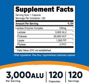 nutricost lactase enzyme complex 3,000 fcc alu, 120 vegetarian capsules non gmo, gluten free, 120 servings