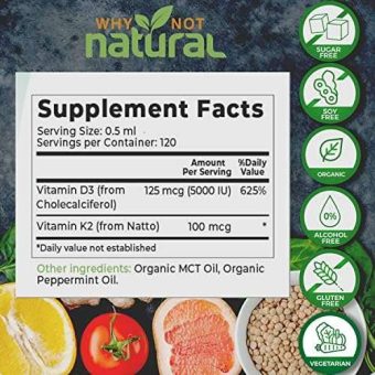 natural organic vitamin d3 k2 (mk 7) liquid drops, 5000 iu of sublingual d3 with coconut mct oil, for strong bones and teeth, heart and immune support