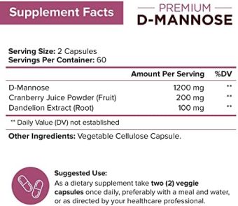 nutriflair d mannose 1200mg, 120 capsules with cranberry and dandelion extract natural urinary tract infection, uti support best dmannose powder