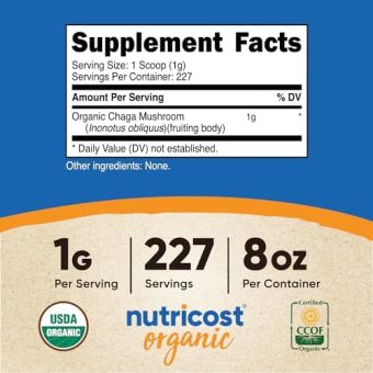 nutricost 100% organic chaga mushroom powder 8oz (227 servings) certified usda organic, gluten free & non gmo