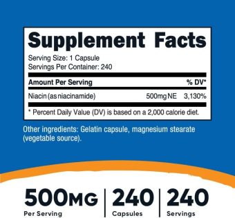 niacinamide vitamin b3 500mg,240 capsules non gmo, gluten free, flush