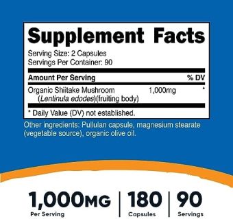nutricost organic shiitake mushroom capsules 1000mg, 90 servings certified ccof organic, vegetarian, gluten free, 500mg per capsule, 180 capsules