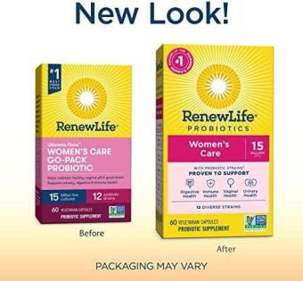 renew life women’s probiotic ultimate flora women's care go pack probiotic supplement shelf stable, gluten, dairy & soy free 15 billion cfu 60 vegetarian capsules (packaging may vary) health & household