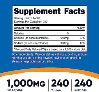 nutricost sodium chloride 1000mg, 240 tablets salt tablets, non gmo, gluten
