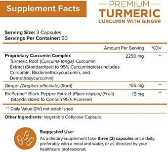 turmeric curcumin with ginger & bioperine black pepper supplement 2250mg, 180 capsules anti inflammatory, antioxidant, anti aging 100% natural, non gmo, vegan best maximum potency, no side effects