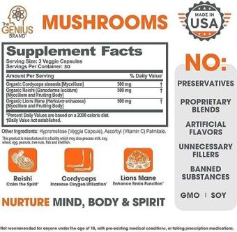 genius mushroom – lions mane, cordyceps and reishi – immune system booster & nootropic brain supplement – wellness formula for natural energy, stress relief, memory & liver support, 90 veggie pills