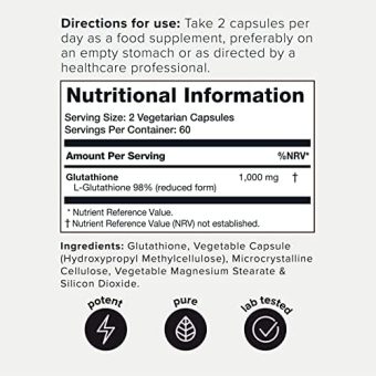 toniiq glutathione 1000mg – ultra high strength, 98%+ pure | antioxidant & liver support, 60 capsules