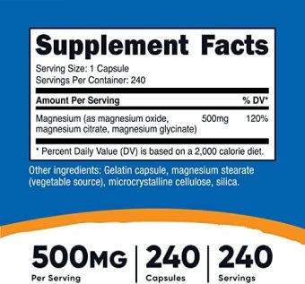 nutricost magnesium complex 500mg, 240 capsules magnesium oxide, citrate, and glycinate gluten free and non gmo