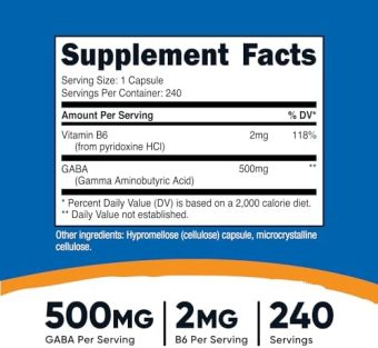 nutricost gaba (gamma aminobutyric acid) + vitamin b6, 500mg per serving, 240 capsules