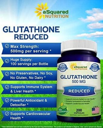 reduced glutathione 500mg per serving supplement 200 capsules l glutathione antioxidant to support liver health & detox max strength l glutathione powder pills to help immune & brain function