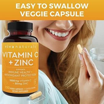 vitamin c with zinc (250 veggie capsules) vitamin c 1000mg and zinc 20mg with citrus bioflavonoids and rose hips, immune support supplement and powerful antioxidant