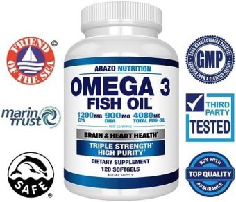arazo nutrition omega 3 fish oil 4,080mg high epa 1200mg + dha 900mg triple strength burpless capsules (120 count)