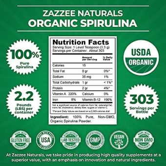 zazzee usda certified organic spirulina powder, 2.2 pounds (1 kg), 303 servings, 100% pure, non irradiated, mess free wide mouth container, fresh smell and neutral taste, vegan, non gmo, gluten free buy