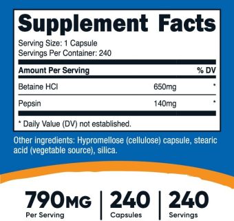 nutricost betaine hcl + pepsin 790mg, 240 capsules gluten free & non gmo
