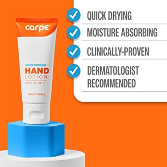 carpe antiperspirant hand lotion, a dermatologist recommended, non irritating, smooth lotion that helps stop hand sweat, great for hyperhidrosis