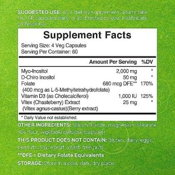 myo inositol & d chiro inositol (401) 2,050mg per serving, 240 veggie capsules – with folate, vitamin d3, & hormonal, ovarian, & liver support supplement : health & household